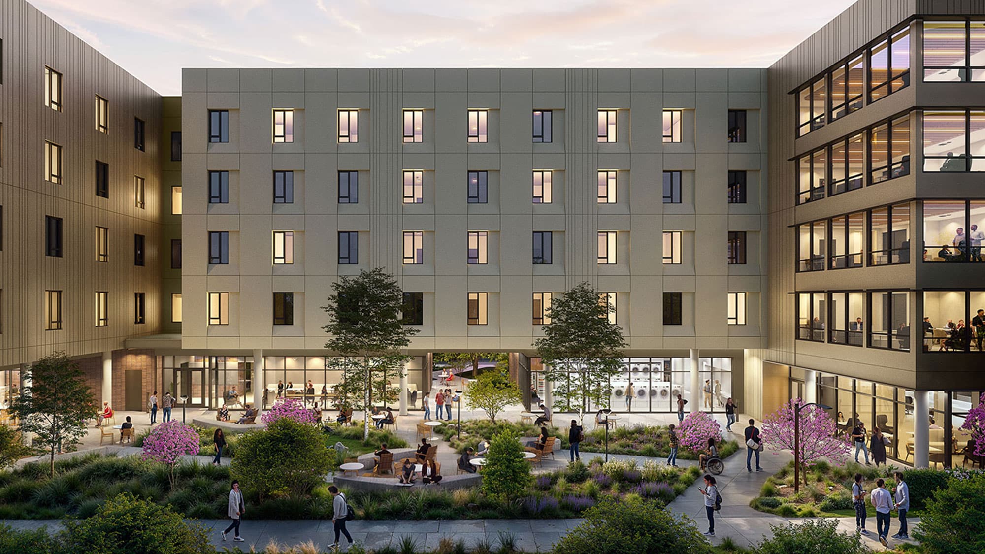 Modular multifamily apartments at dusk